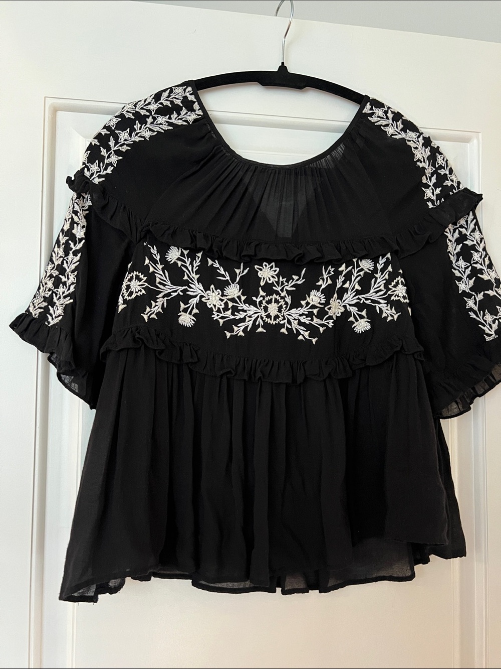 DOEN Vibes (Zara) Black Embroidered Ruffle Peasant Top - Women
